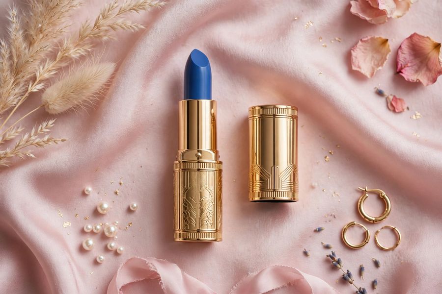 Beautiful blue lipstick with luxury gold packaging on pink silk background