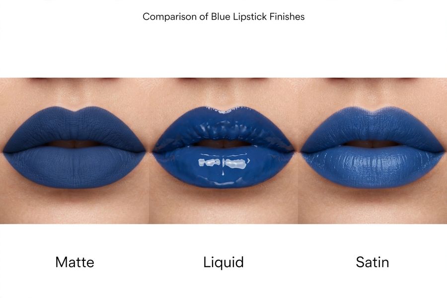 Comparison of Matte vs Liquid vs Satin Blue Lipstick finishes on lips