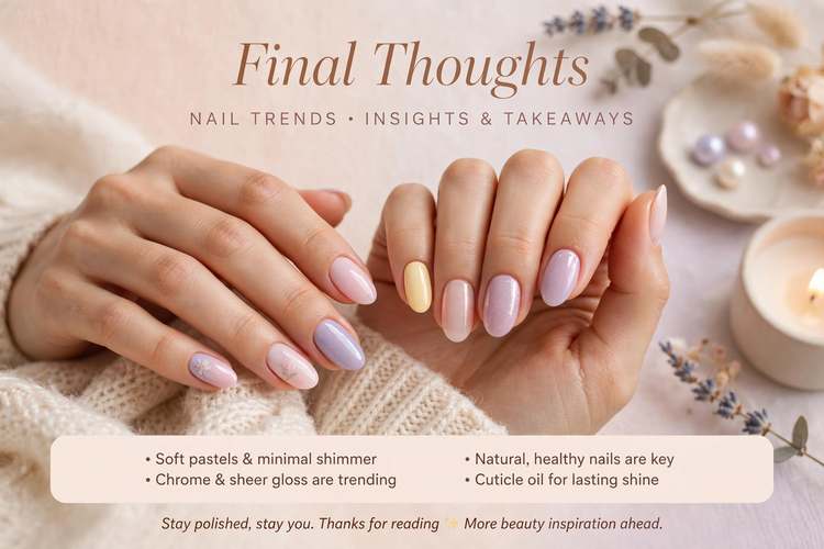 Elegant hands with trendy manicure on soft pastel background representing final thoughts on nail trends