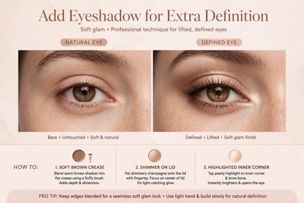 Before and after eye makeup comparison showing natural bare eye versus defined eye with eyeshadow — soft brown crease, shimmery champagne lid, and highlighted inner corner for soft glam definition