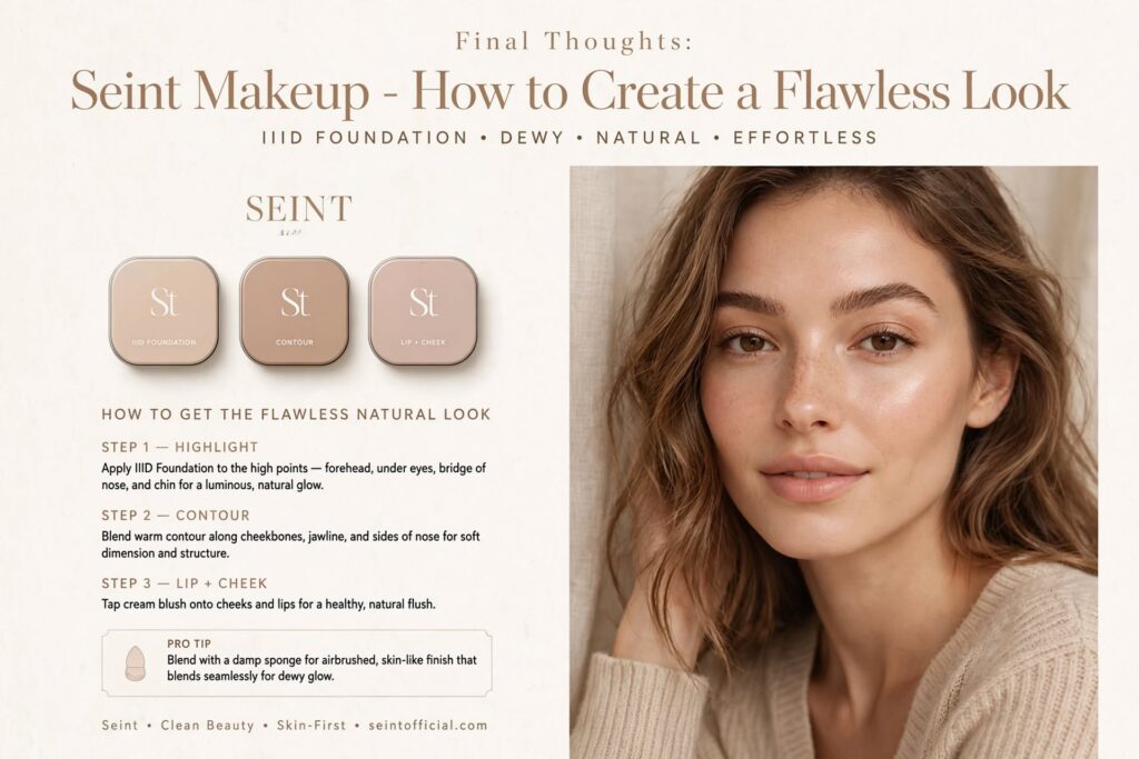Final thoughts on Seint Makeup - how to create a flawless natural-looking look with IIID foundation, contour, and lip + cheek for dewy effortless glow