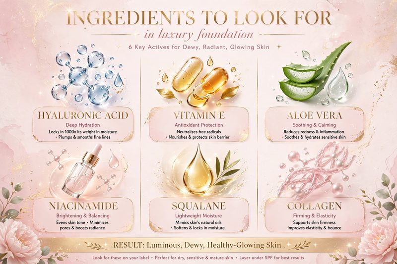 Beautiful ingredients to look for in foundation - hyaluronic acid vitamin E aloe vera luxury skincare ingredients with glowing skin benefits
