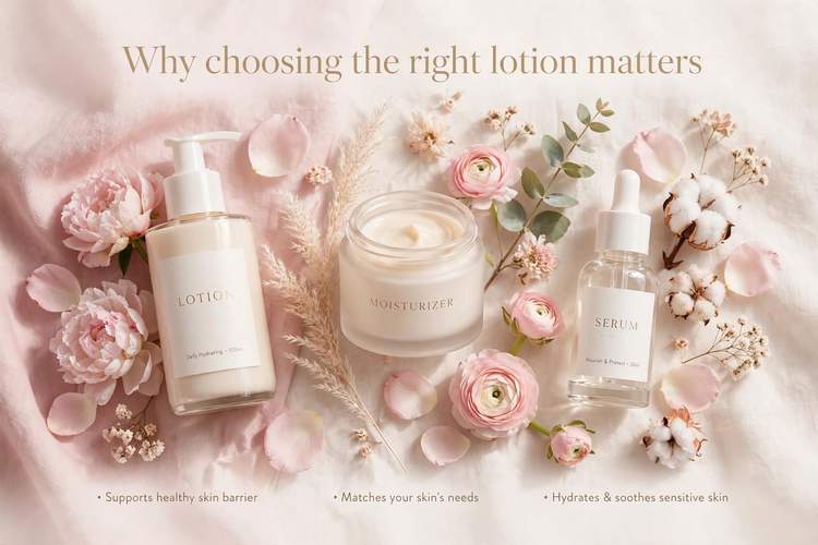 Beautiful aesthetic flatlay of luxury lotion bottles with flowers on soft pink background for choosing right lotion
