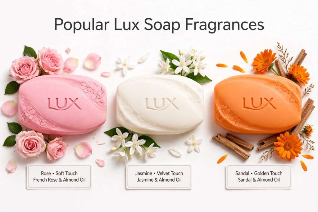 Three Popular Lux Soap Fragrances - Rose Soft Touch, Jasmine Velvet Touch, Sandal Golden Touch with natural flowers