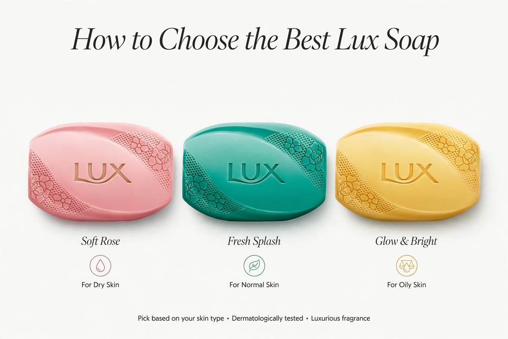 Three Lux soap bars - Soft Rose for Dry Skin, Fresh Splash for Normal Skin, Glow and Bright for Oily Skin - How to Choose Best Lux Soap