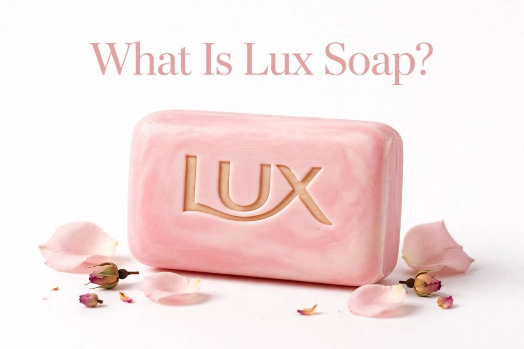 Pink Lux soap bar with What Is Lux Soap text and rose petals on white background