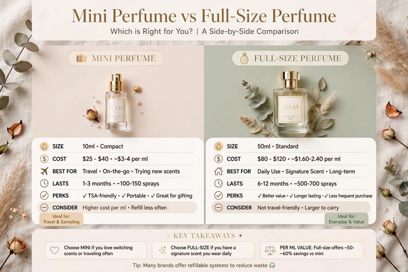 Mini Perfume vs Full-Size Perfume comparison - 10ml travel vs 50ml standard size cost and value