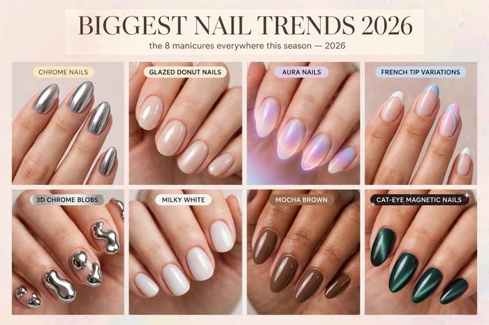 Collage of 8 biggest nail trends 2026 including chrome nails, glazed donut nails, aura nails, French tip variations, 3D chrome blobs, milky white, mocha brown, and cat-eye magnetic nails