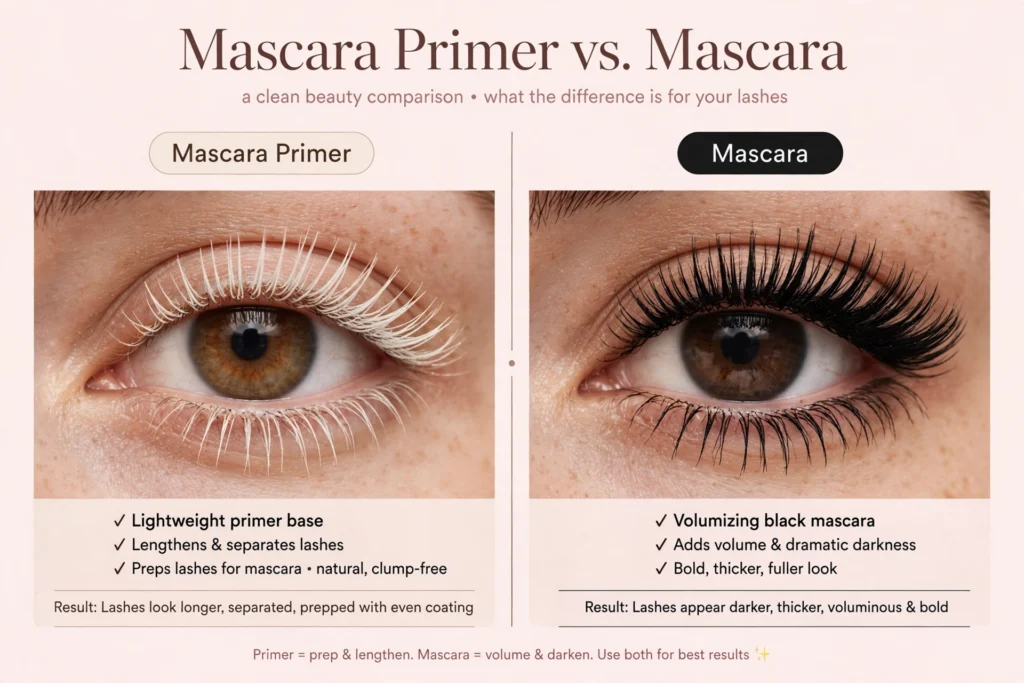 Side-by-side comparison of mascara primer vs mascara on eyelashes — white primer coating that lengthens and separates vs black mascara adding volume and darkness