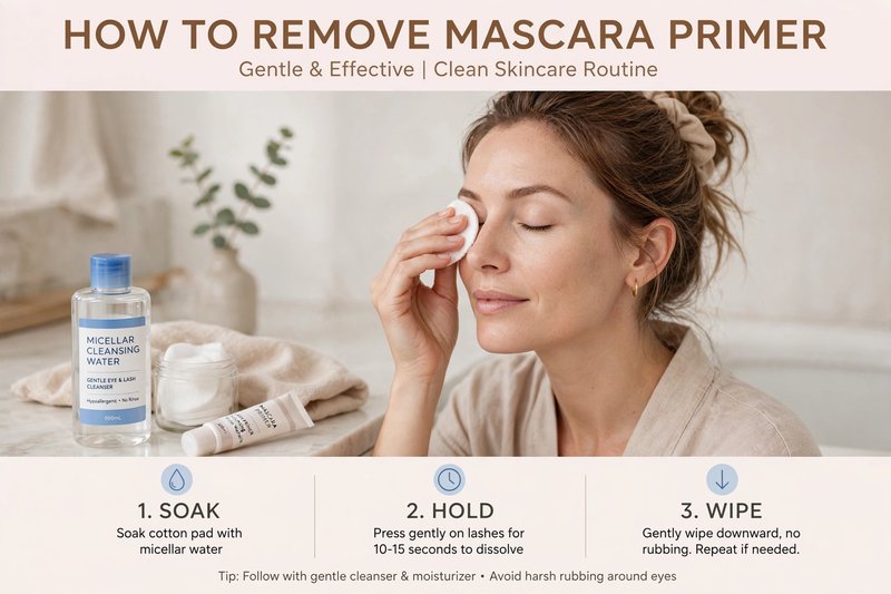 How to Remove Mascara Primer - woman removing eye makeup with cotton pad and micellar water