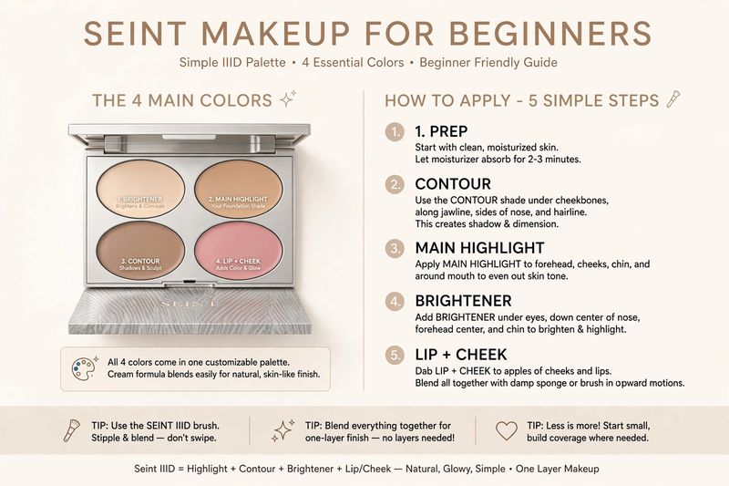 Seint Makeup for Beginners - Simple IIID palette with 4 essential colors and 5 step application guide
