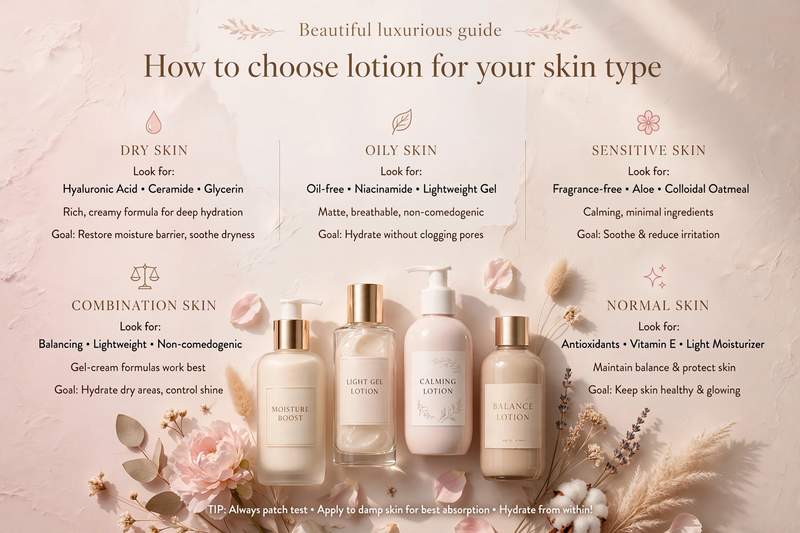 Beautiful aesthetic lotion bottles with soft pink flowers showing how to choose lotion for your skin type