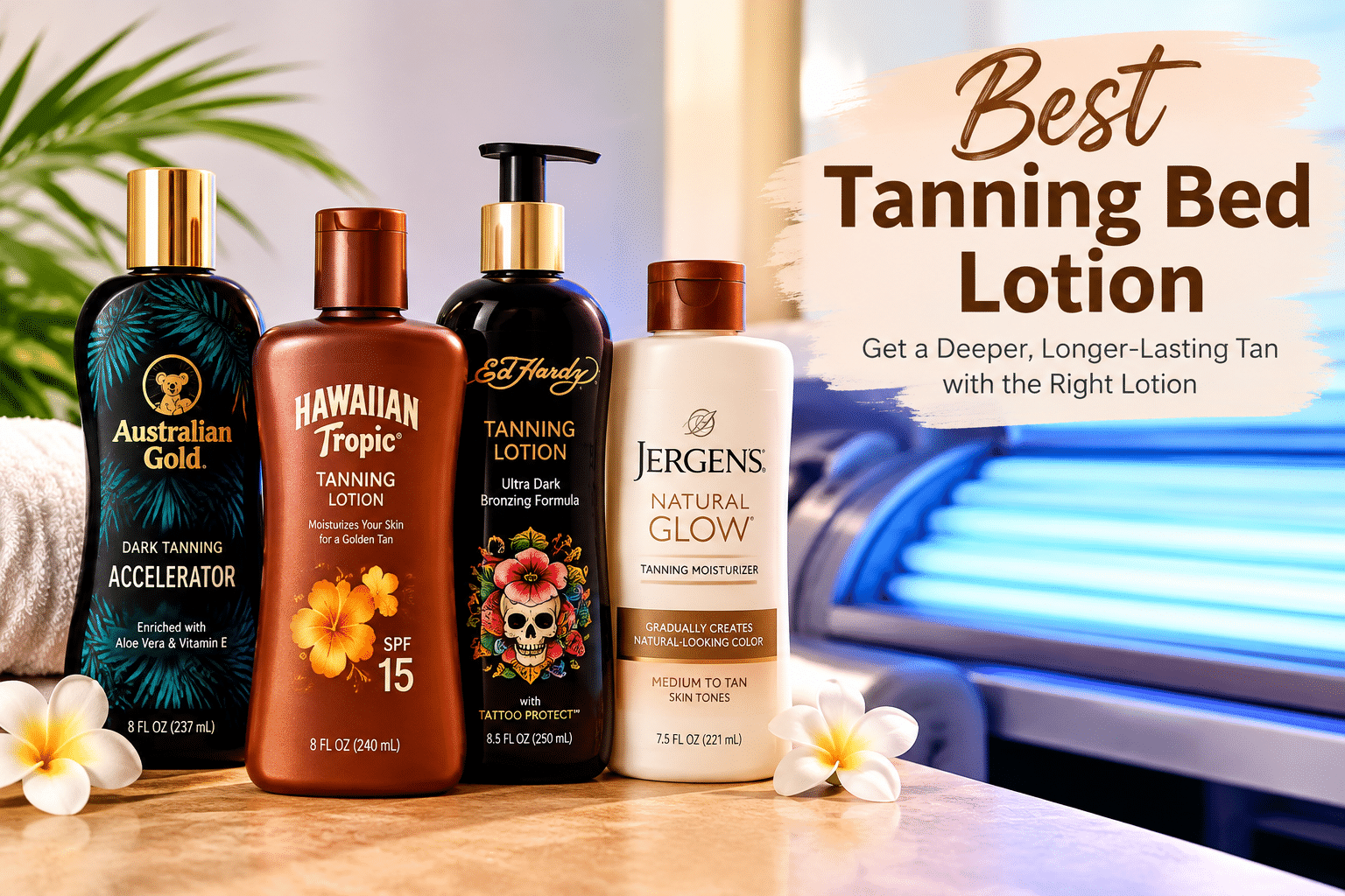 Premium tan bed lotion bottles on clean white background showing best indoor tanning lotion for deep bronze glow