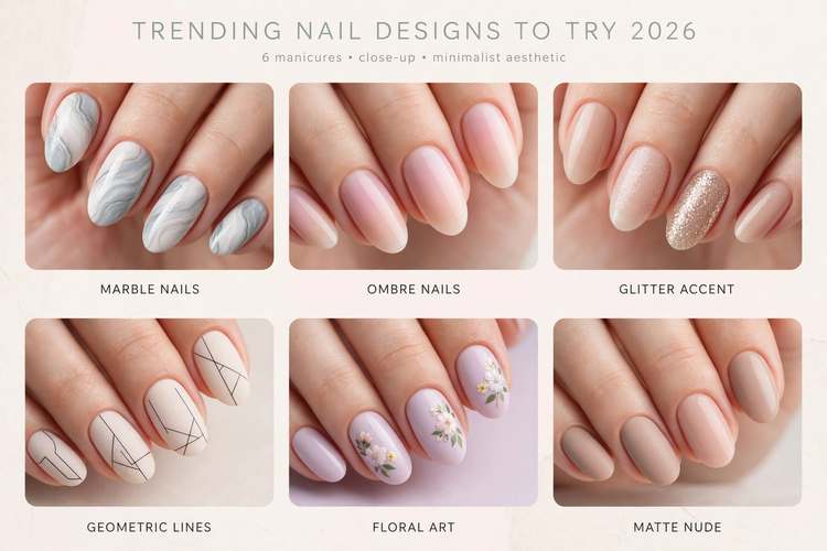 Six trending nail designs to try 2026 featuring marble nails, ombre nails, glitter accent, geometric lines, floral art, and matte nude manicures

