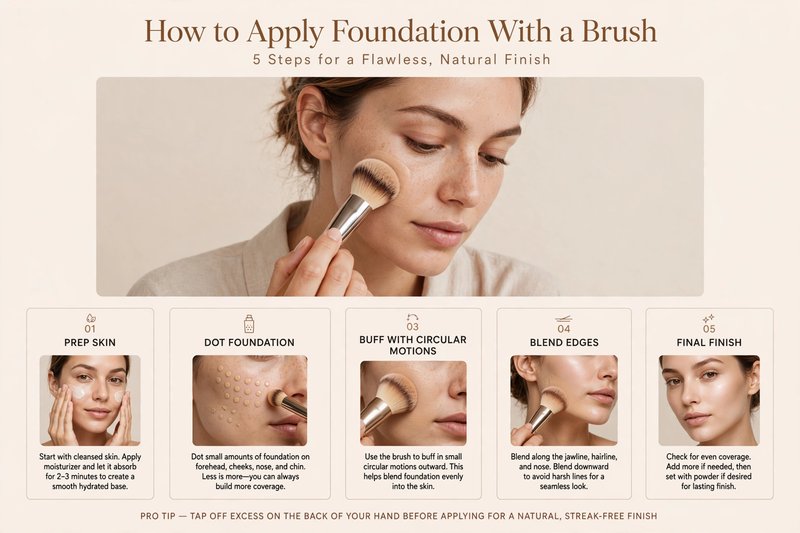 Step by step guide how to apply foundation with a brush showing skin prep, dotting foundation, buffing with circular motions and blending for flawless finish