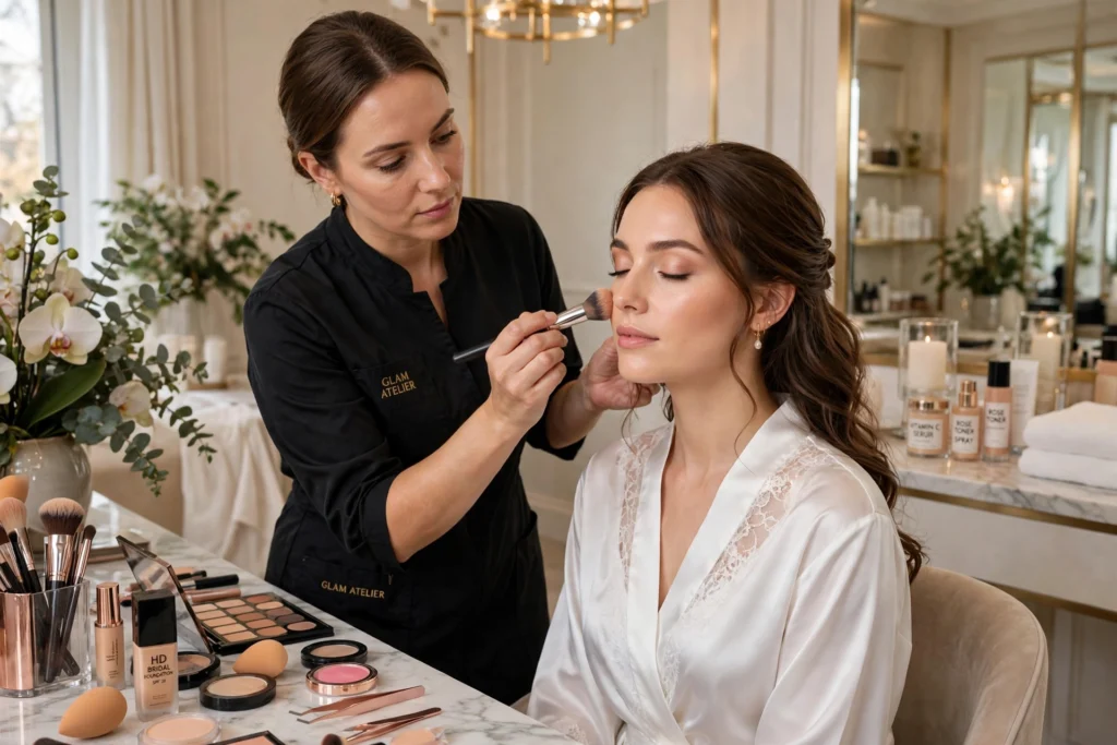 Professional makeup artist applying flawless HD bridal makeup for party and wedding services