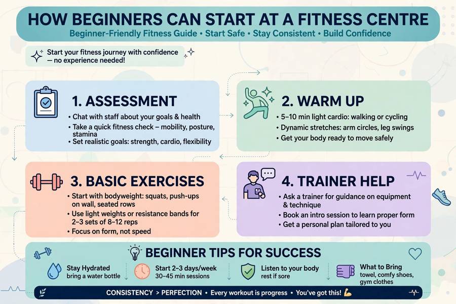 Infographic titled How Beginners Can Start at a Fitness Centre showing 4 steps - Assessment with goal chat
