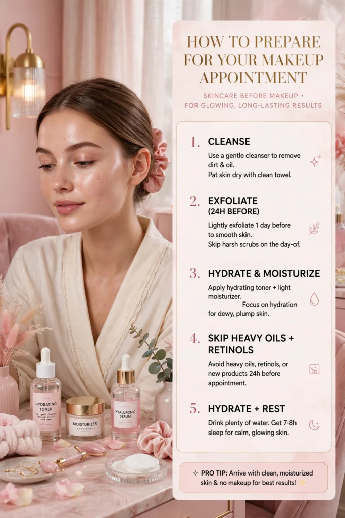 How to prepare for your makeup appointment pre-appointment skincare checklist clean hydrated skin before makeup
