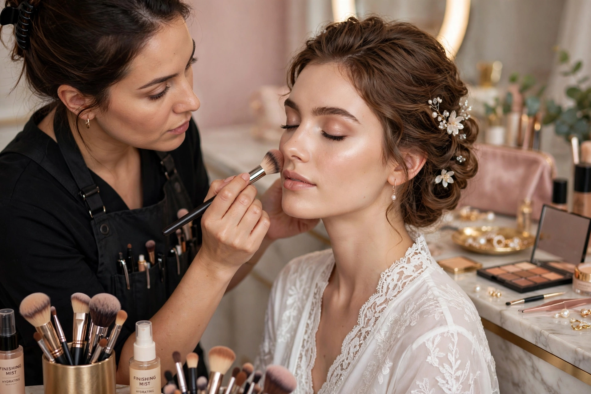 Professional makeup artist applying HD bridal makeup to bride for flawless party and wedding look