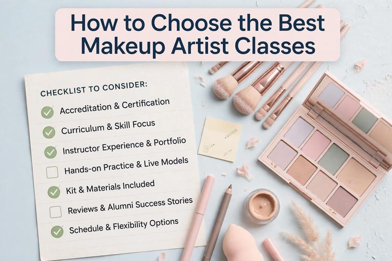Flat lay with makeup palette and brushes next to checklist for choosing makeup artist classes, text overlay "How to Choose the Best Makeup Artist Classes"