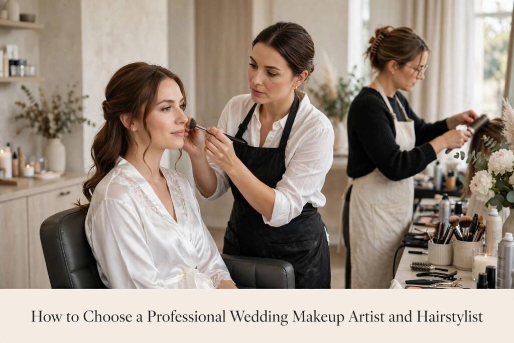 Bride getting makeup done by professional wedding makeup artist in salon - How to Choose a Professional Wedding Makeup Artist and Hairstylist
