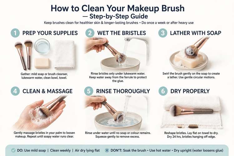 Step by step guide showing how to clean makeup brushes with soap and water on clean background