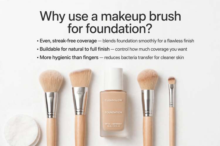 Clean flatlay of makeup brushes and foundation bottle on white background showing why to use a brush