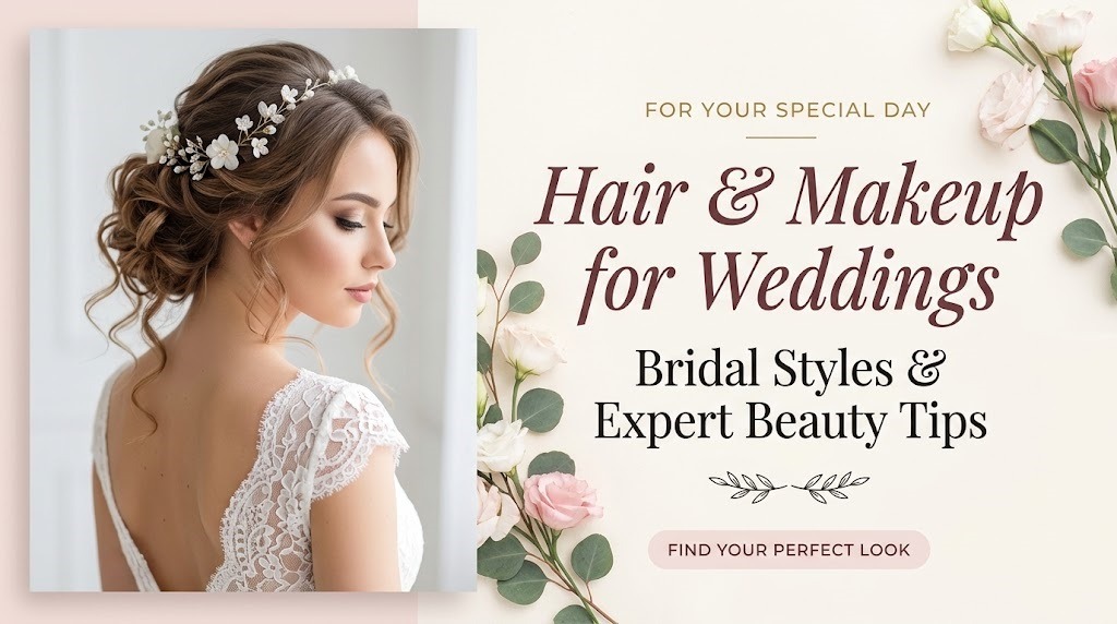A bride with an elegant floral hairpiece and soft glam makeup alongside the text Hair & Makeup for Weddings: Bridal Styles & Expert Beauty Tips.