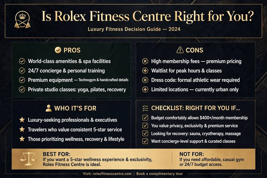 Luxury guide comparing pros and cons of Rolex Fitness Centre and who it's best for