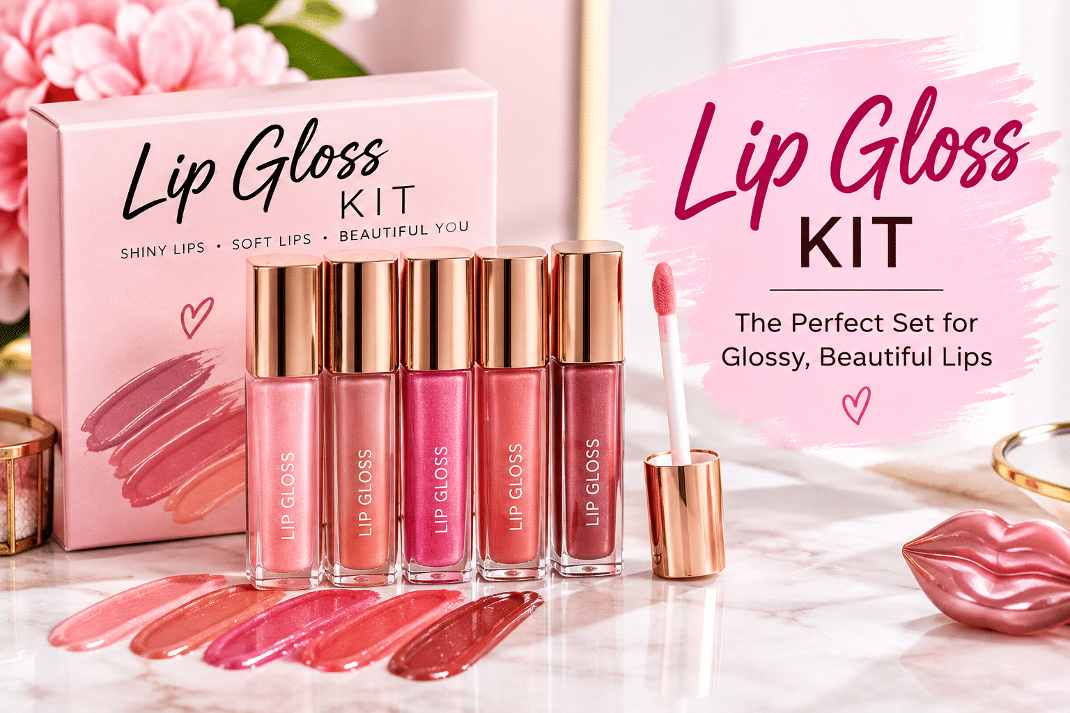 Lip Gloss Kit with Pink, Nude, and Shimmer Gloss Shades