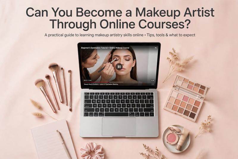 Laptop showing online makeup tutorial surrounded by makeup brushes and eyeshadow palette on pastel pink background, text "Can You Become a Makeup Artist Through Online Courses?"