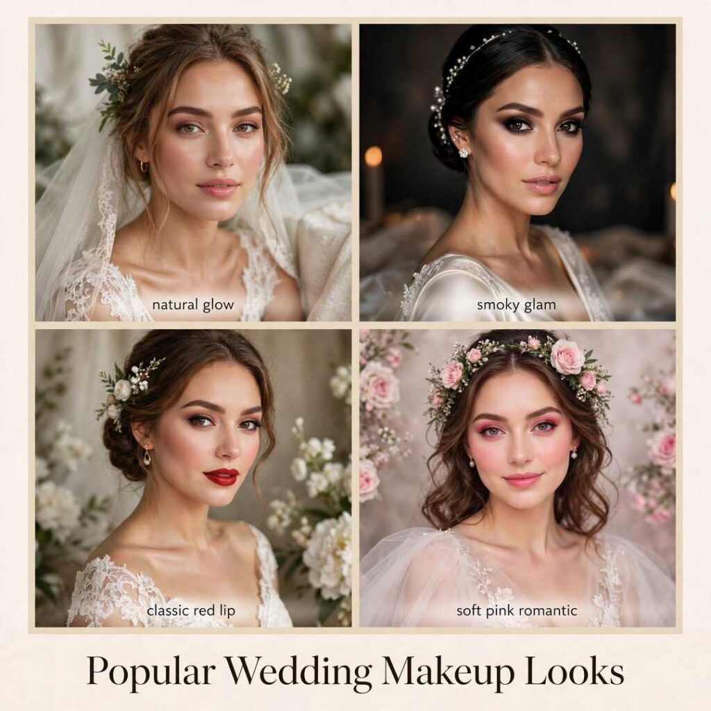 Popular wedding makeup looks collage showing four bridal styles - natural glow, smoky glam, classic red lip, and soft pink romantic makeup
