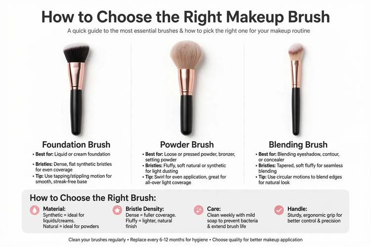 Guide image showing different types of makeup brushes to help choose the right brush for foundation and other makeup
