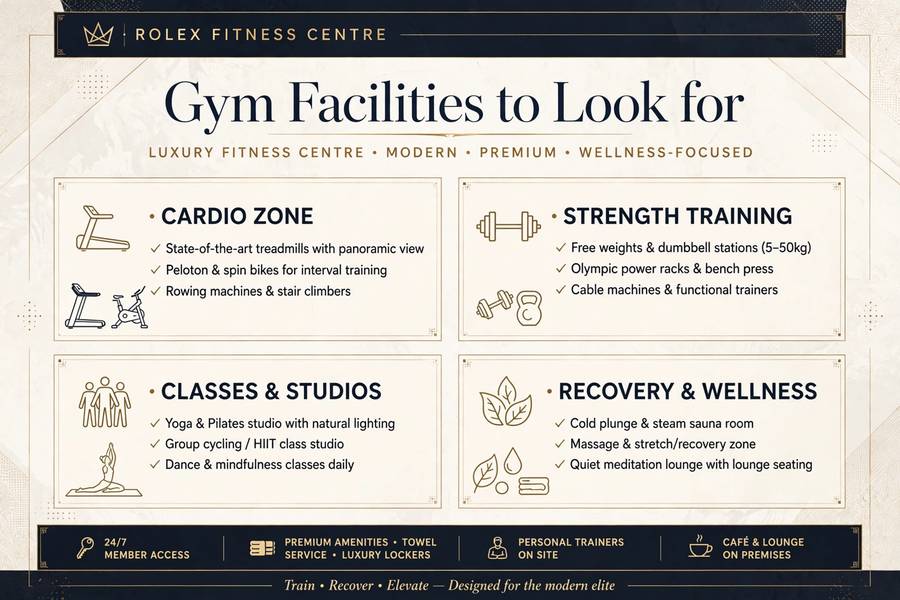 Infographic titled Gym Facilities to Look for at Rolex Fitness Centre showing four sections - Cardio Zone with treadmills
