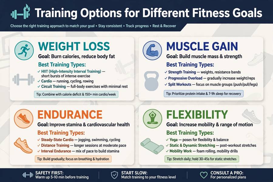 Infographic titled Training Options for Different Fitness Goals showing four goals - Weight Loss with HIIT and cardio, Muscle Gain with strength training, Endurance with steady-state cardio, Flexibility with yoga and stretching, plus safety tips

