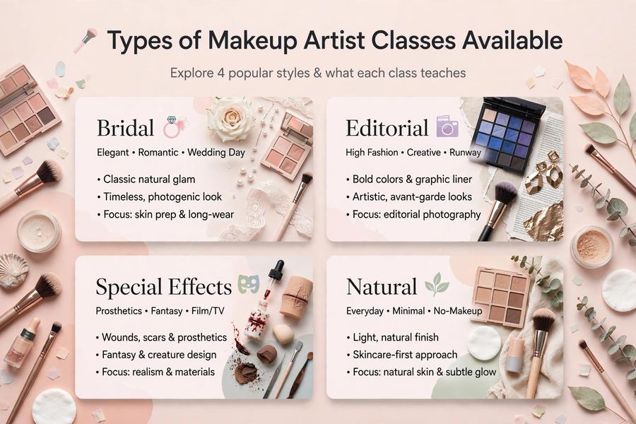 Infographic titled Types of Makeup Artist Classes Available showing four categories - Bridal, Editorial, Special Effects and Natural - with makeup palettes and brushes
