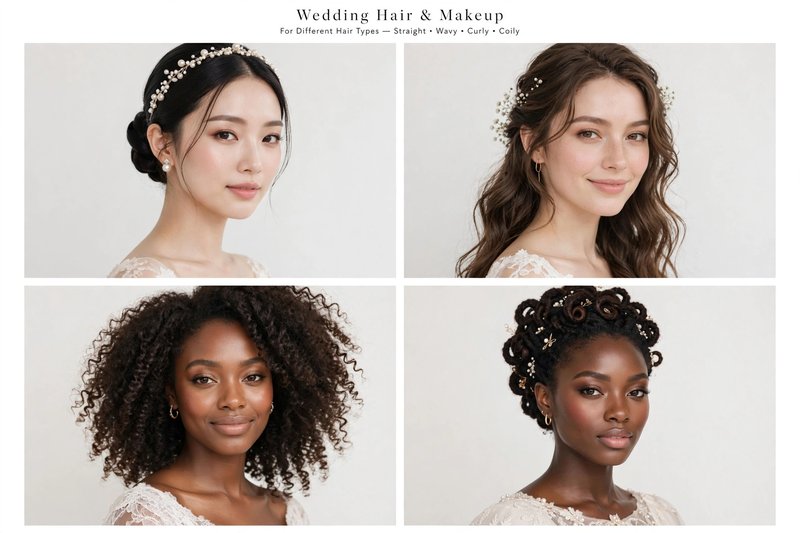 Four panel bridal collage titled "Wedding Hair & Makeup For Different Hair Types — Straight, Wavy, Curly, Coily"