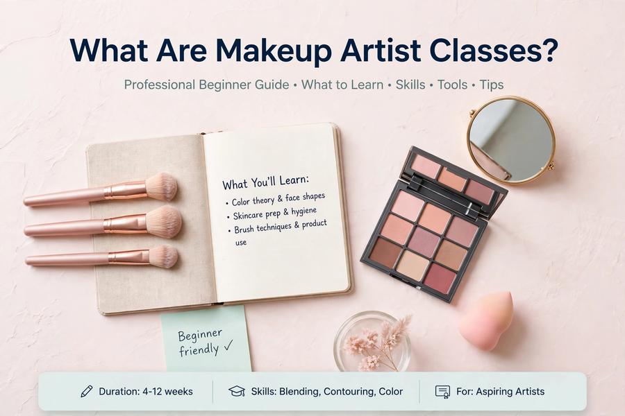 Flat lay image with open notebook showing what you learn in makeup artist classes, makeup brushes and eyeshadow palette, text "What Are Makeup Artist Classes?"